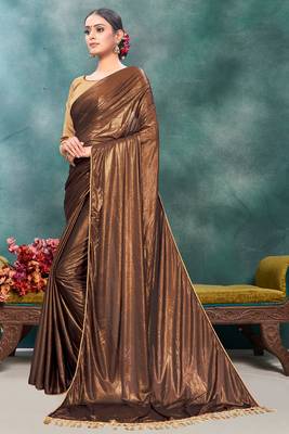 Brown plain silk saree with blouse 2