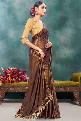 Brown plain silk saree with blouse 3
