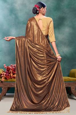 Brown plain silk saree with blouse 4