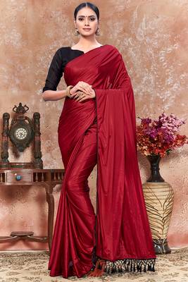 Red plain silk saree with blouse 1