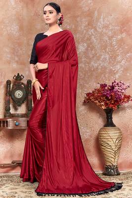 Red plain silk saree with blouse 2