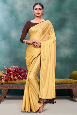 Beige plain silk saree with blouse 1