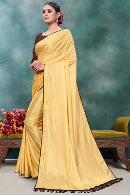 Beige plain silk saree with blouse 2