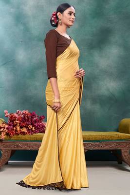 Beige plain silk saree with blouse 3