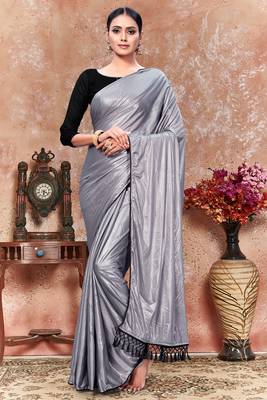 Silver plain silk saree with blouse 1