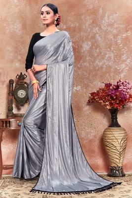 Silver plain silk saree with blouse 2