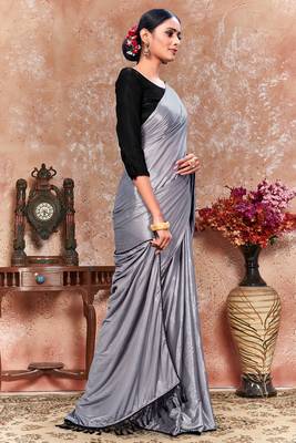 Silver plain silk saree with blouse 3