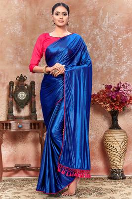 Blue plain silk saree with blouse 1