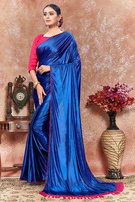 Blue plain silk saree with blouse 2