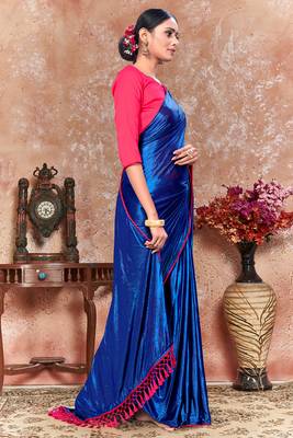 Blue plain silk saree with blouse 3