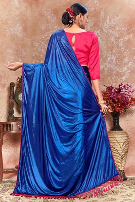 Blue plain silk saree with blouse 4