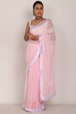 Pink Chikankari Saree with white tassel lase and White Blouse (unstiched) 1