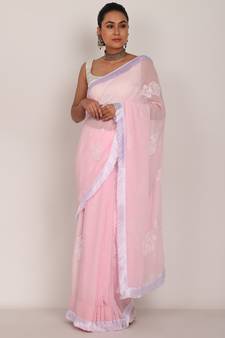 Pink Chikankari Saree with white tassel lase and White Blouse (unstiched)