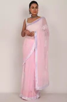 Pink Chikankari Saree with white tassel lase and White Blouse (unstiched)