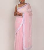 Pink Chikankari Saree with white tassel lase and White Blouse (unstiched)