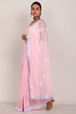 Pink Chikankari Saree with white tassel lase and White Blouse (unstiched) 2