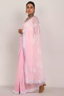 Pink Chikankari Saree with white tassel lase and White Blouse (unstiched)
