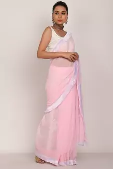 Pink Chikankari Saree with white tassel lase and White Blouse (unstiched)