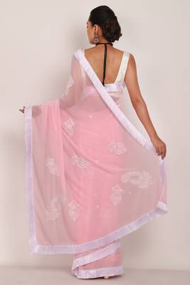 Pink Chikankari Saree with white tassel lase and White Blouse (unstiched) 4
