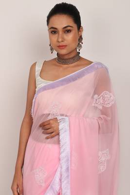 Pink Chikankari Saree with white tassel lase and White Blouse (unstiched) 5