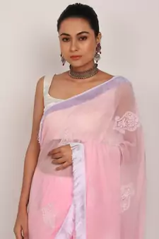Pink Chikankari Saree with white tassel lase and White Blouse (unstiched)