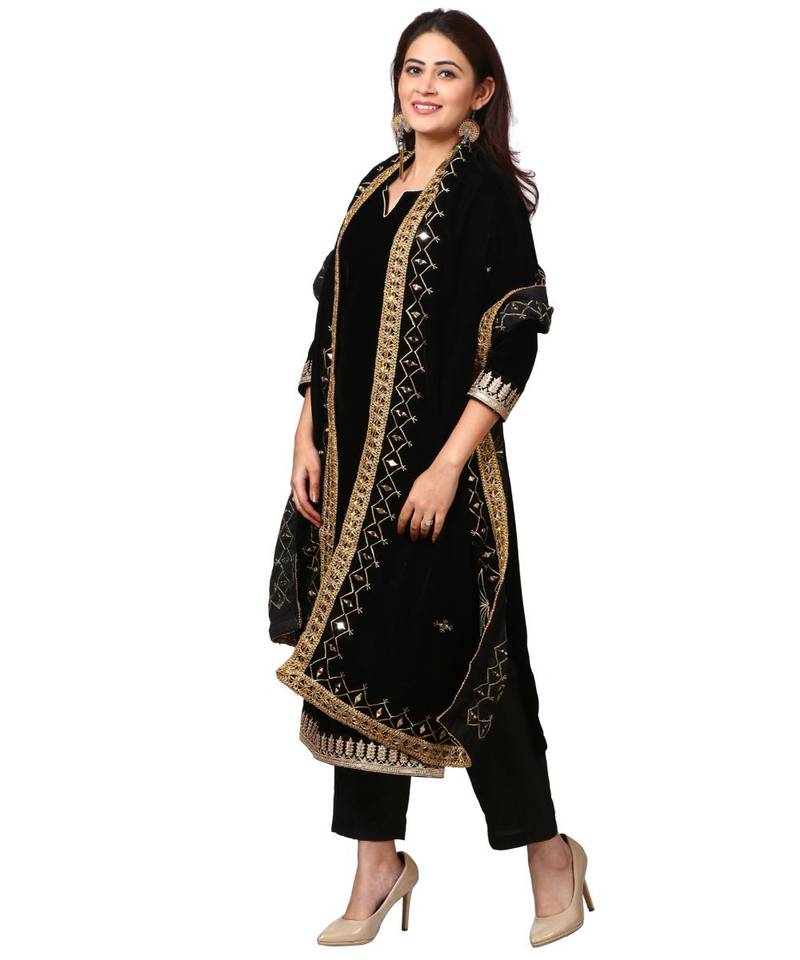 Festive Black Velvet Kurti with Straight Pants and Black Velvet Mirror Affair Stole