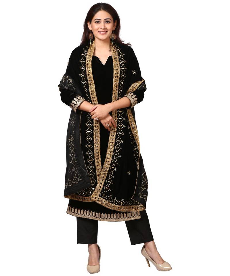 Festive Black Velvet Kurti with Straight Pants and Black Velvet Mirror Affair Stole