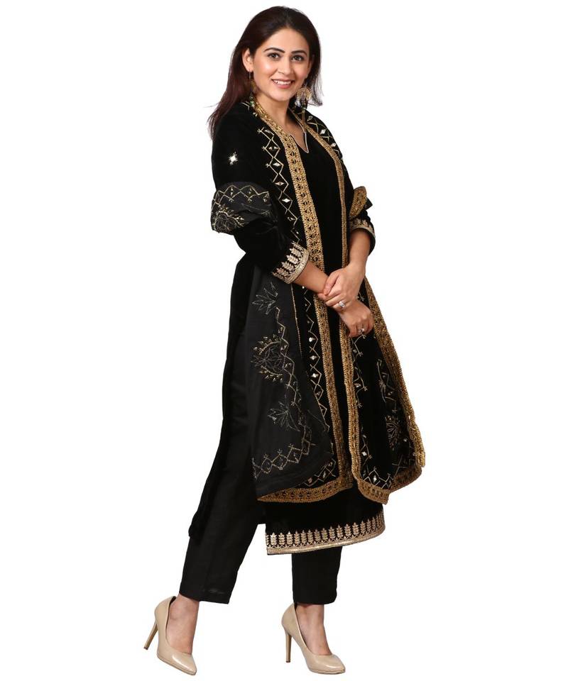 Festive Black Velvet Kurti with Straight Pants and Black Velvet Mirror Affair Stole