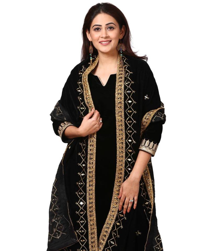 Festive Black Velvet Kurti with Straight Pants and Black Velvet Mirror Affair Stole
