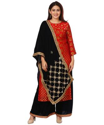 Red Melange Georgette Banarsi Kurti with Velvet Palazzo and Navy Blue Mirror Velvet Stole 1