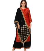 Red Melange Georgette Banarsi Kurti with Velvet Palazzo and Navy Blue Mirror Velvet Stole