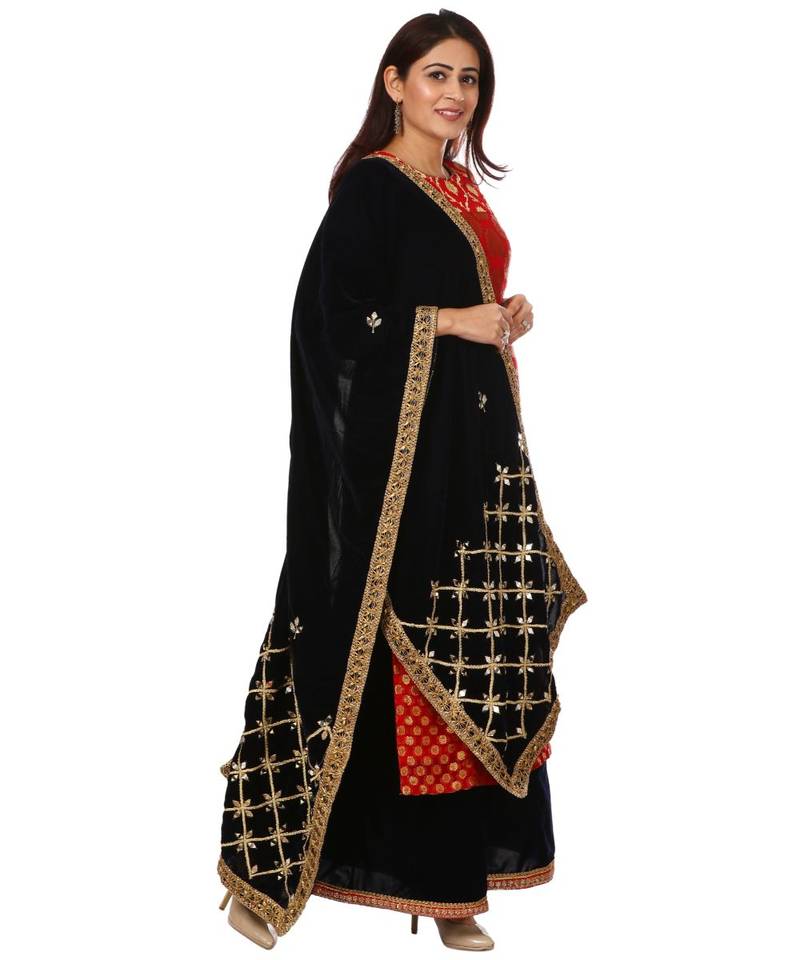 Red Melange Georgette Banarsi Kurti with Velvet Palazzo and Navy Blue Mirror Velvet Stole