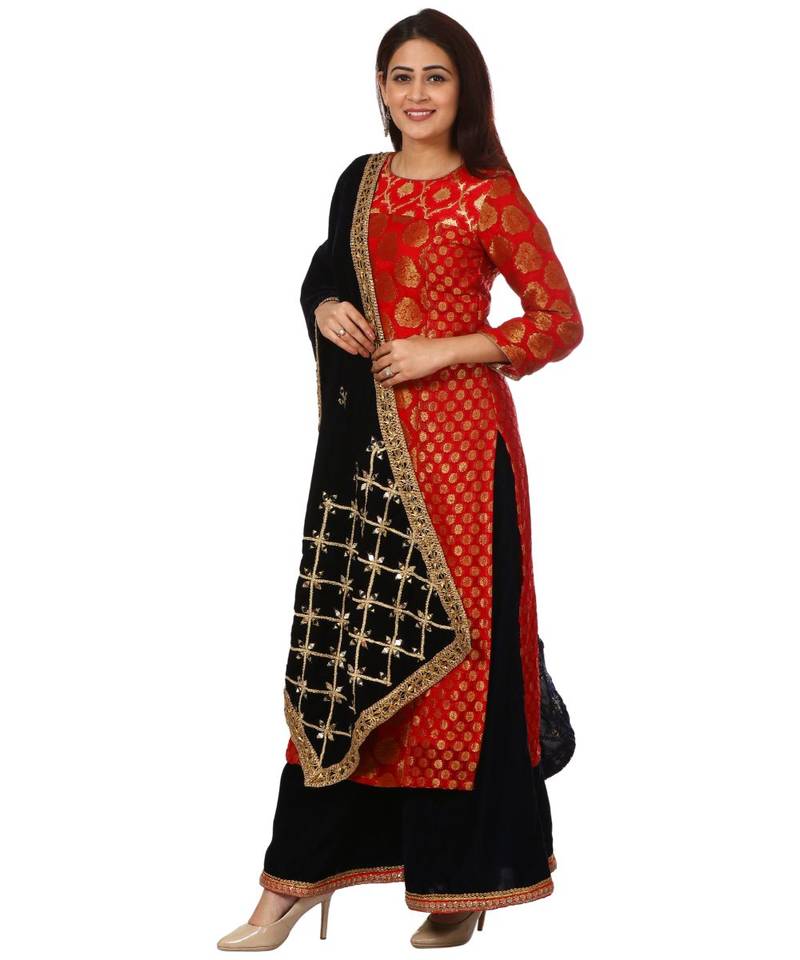 Red Melange Georgette Banarsi Kurti with Velvet Palazzo and Navy Blue Mirror Velvet Stole