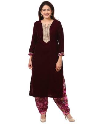 purple Purple Velvet Kurti with Floral Printed Salwar 1