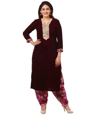 purple Purple Velvet Kurti with Floral Printed Salwar 2