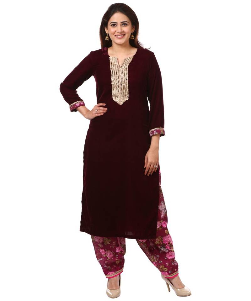 purple Purple Velvet Kurti with Floral Printed Salwar