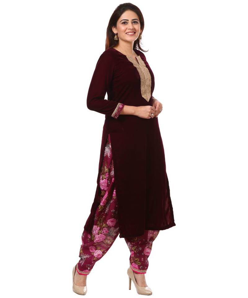 purple Purple Velvet Kurti with Floral Printed Salwar
