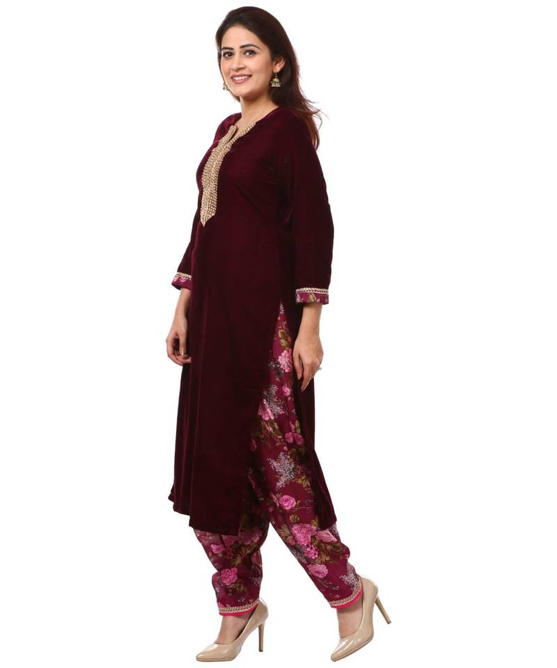 purple Purple Velvet Kurti with Floral Printed Salwar