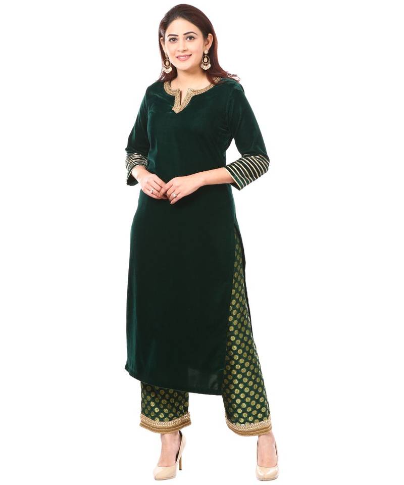 Forest Green Velvet Kurti with Straight Banarsi Palazzo