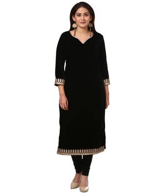 Festive Black Straight Velvet Kurti with Black Leggings 1