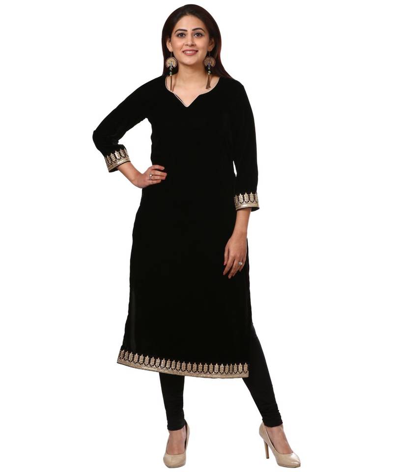 Festive Black Straight Velvet Kurti with Black Leggings