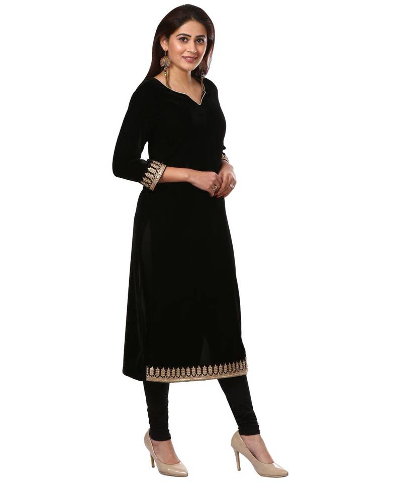 Festive Black Straight Velvet Kurti with Black Leggings