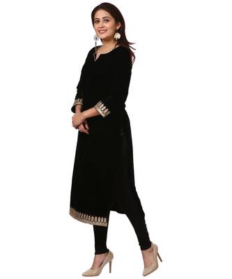 Festive Black Straight Velvet Kurti with Black Leggings 4