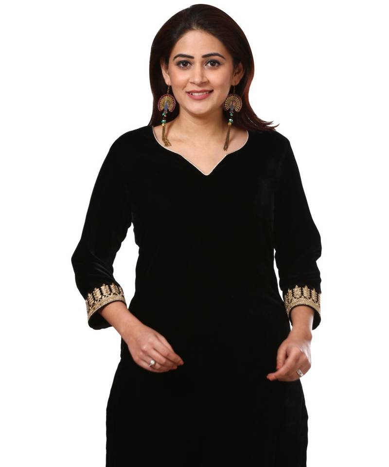 Festive Black Straight Velvet Kurti with Black Leggings