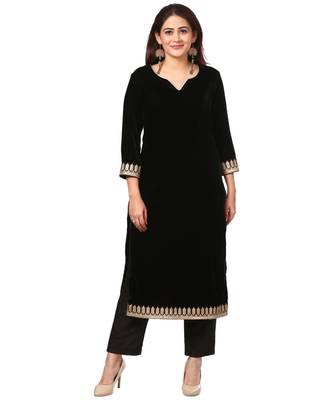 Festive Black Straight Velvet Kurti with Straight Pants 1
