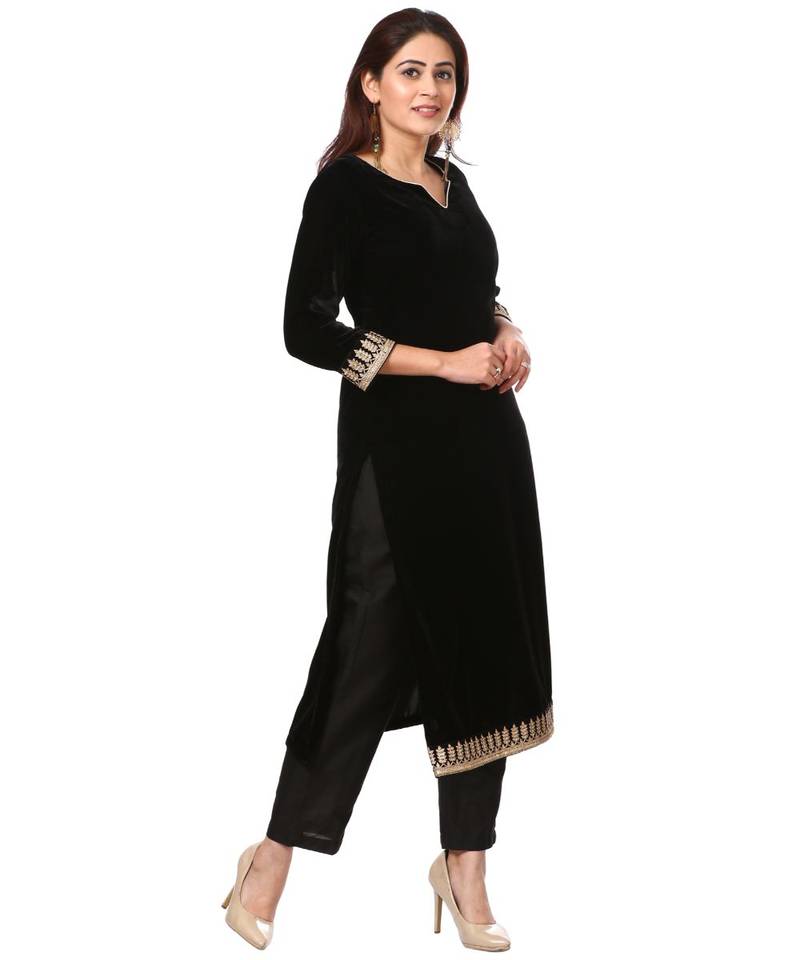Festive Black Straight Velvet Kurti with Straight Pants