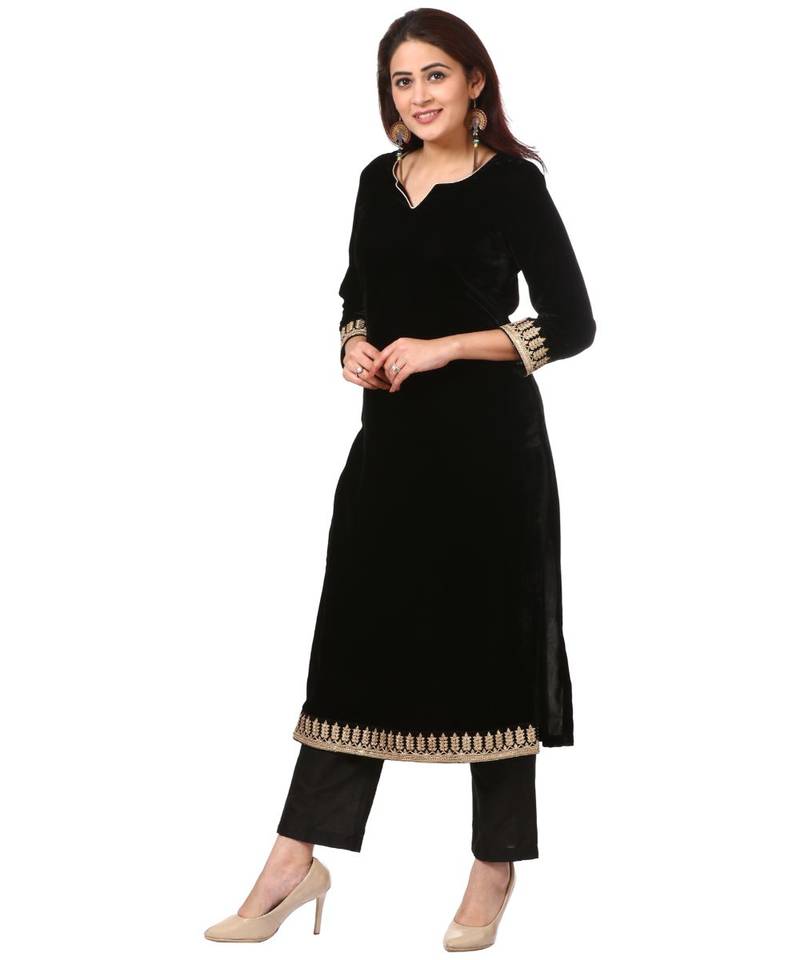 Festive Black Straight Velvet Kurti with Straight Pants