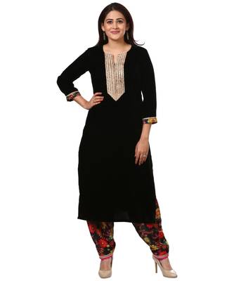 Black Gold Velvet Kurti with Floral Printed Salwar 1