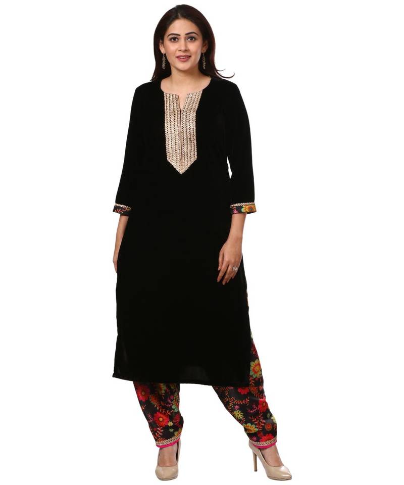 Black Gold Velvet Kurti with Floral Printed Salwar