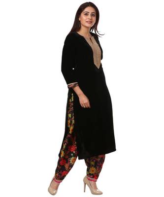 Black Gold Velvet Kurti with Floral Printed Salwar 3